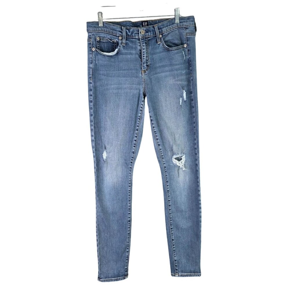 Womens Gap Denim Distressed Skinny Blue Jeans Medium Wash Hi Rise Size 31 Tall